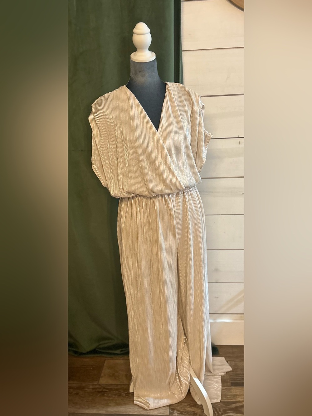 Cream Pleated Wrap-Front Jumpsuit with Elastic Waist